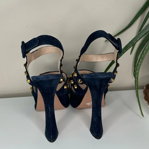 PRADA Navy Blue Suede Gold Stud Platform Sandals Heels 37.5 Italy - Picture 5 of 13